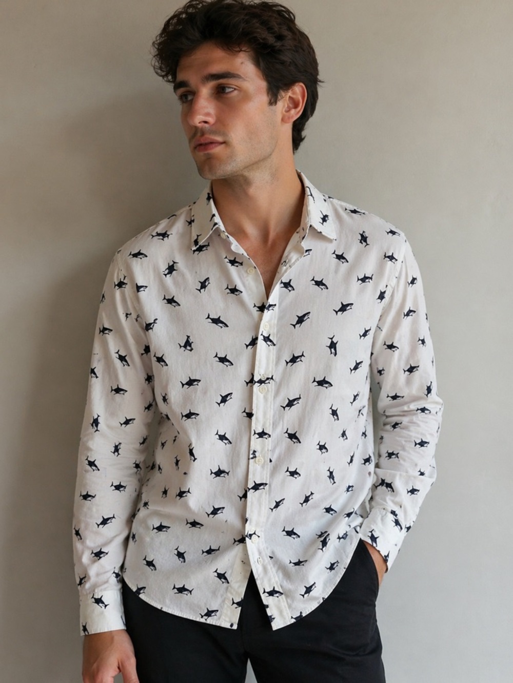 Nicole Miller Studio Shark Print Button Up Shirt XL Long Sleeve Novelty Coastal